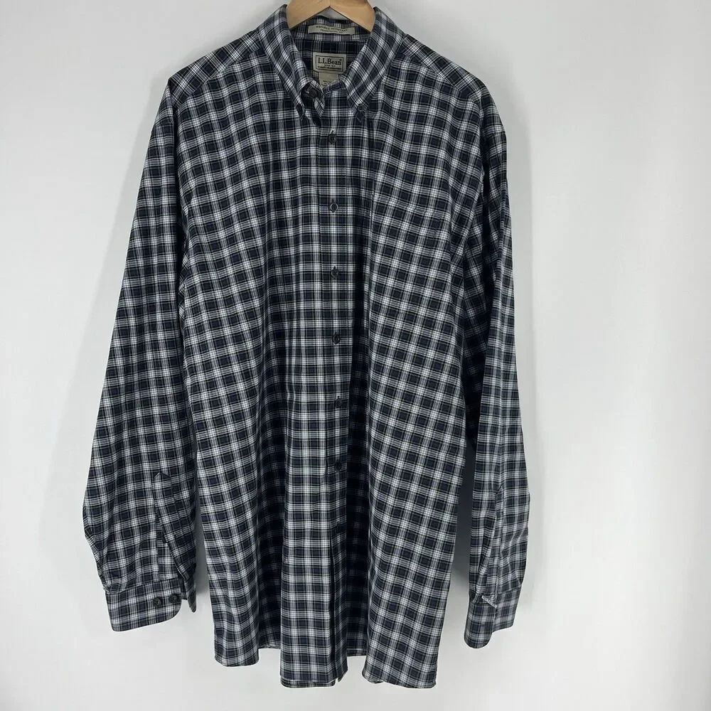 LL Bean Shirt Size XL Tall Mens Blue Green Plaid Wrinkle Resistant Long Sleeve